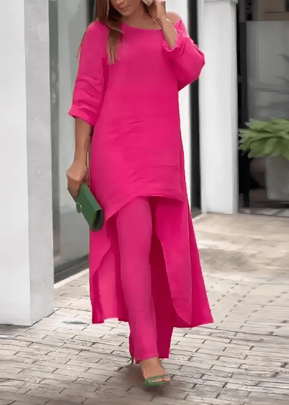 Solid Asymmetrical O-Neck Top Straight Two And Loose Rose Pants FashionChic