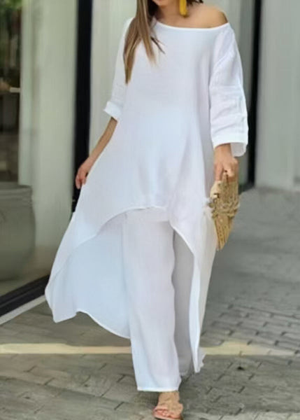 Solid Asymmetrical O-Neck Top Straight Two And Loose Rose Pants FashionChic