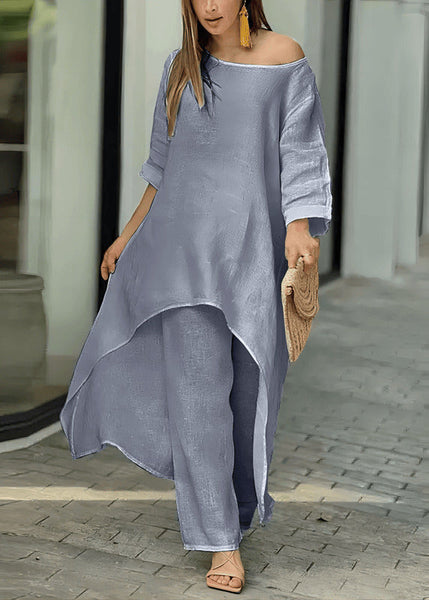 Solid Asymmetrical O-Neck Top Straight Two And Loose Rose Pants FashionChic