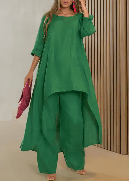 Solid Asymmetrical O-Neck Top Straight Two And Loose Rose Pants FashionChic