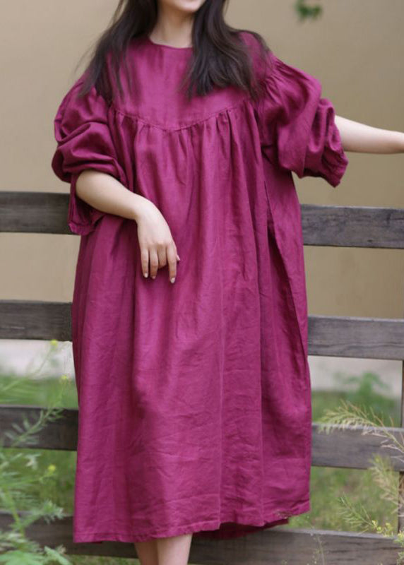 Loose Rose O Neck Button Solid Cotton Long Dress Fall WM025 ABC