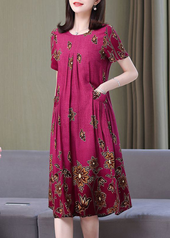 Loose Rose O Neck Print Pockets Cotton Dresses Summer VV069 HS-SDL240627