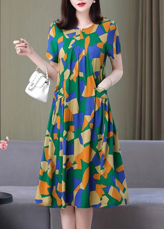 Loose Rose O Neck Print Pockets Cotton Dresses Summer VV069 HS-SDL240627