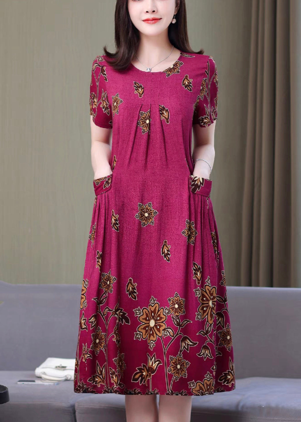 Loose Rose O Neck Print Pockets Cotton Dresses Summer VV069 HS-SDL240627