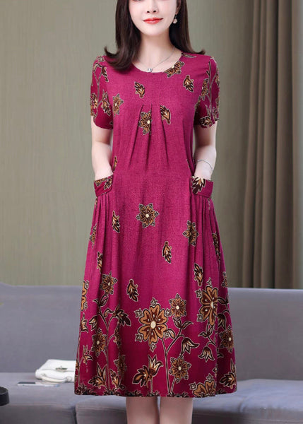Loose Rose O Neck Print Pockets Cotton Dresses Summer VV069 HS-SDL240627