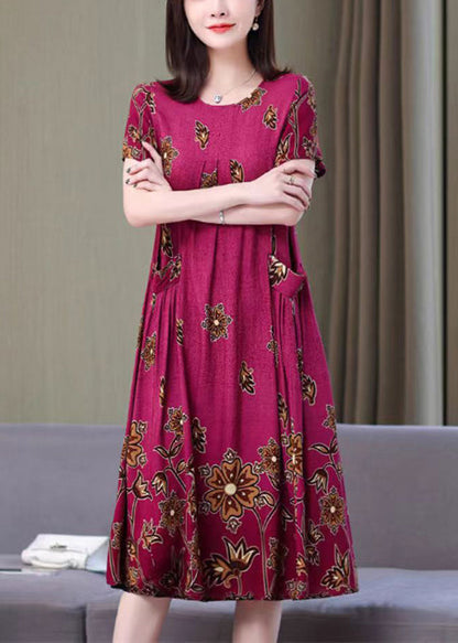Loose Rose O Neck Print Pockets Cotton Dresses Summer VV069 HS-SDL240627