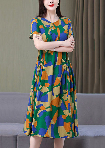 Loose Rose O Neck Print Pockets Cotton Dresses Summer VV069 HS-SDL240627