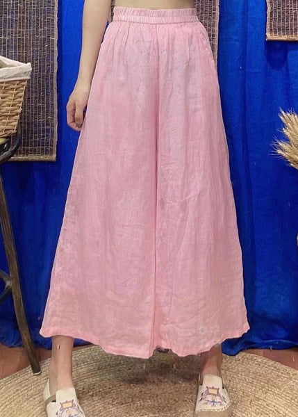 Loose Rose Solid Pockets Elastic Waist Linen Crop Pants Summer VV092 HS-CPTS240627