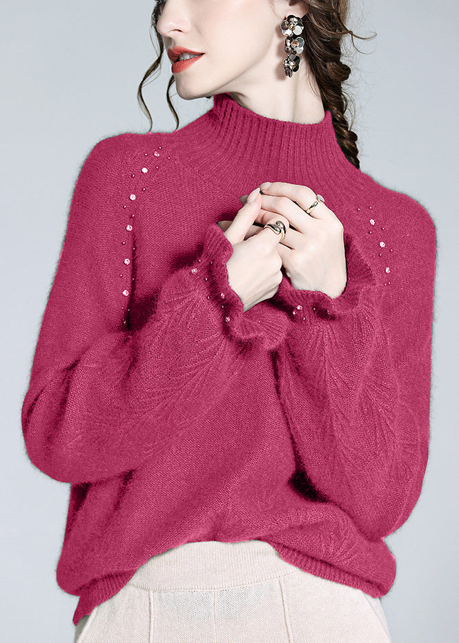 Loose Rose Turtleneck Nail Bead Cashmere Knit Sweater Winter WQ051 OL-NTP241031