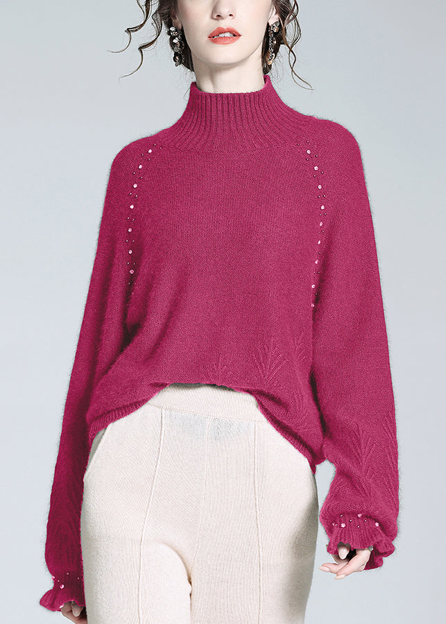 Loose Rose Turtleneck Nail Bead Cashmere Knit Sweater Winter WQ051 OL-NTP241031