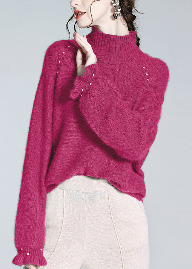 Loose Rose Turtleneck Nail Bead Cashmere Knit Sweater Winter WQ051 OL-NTP241031