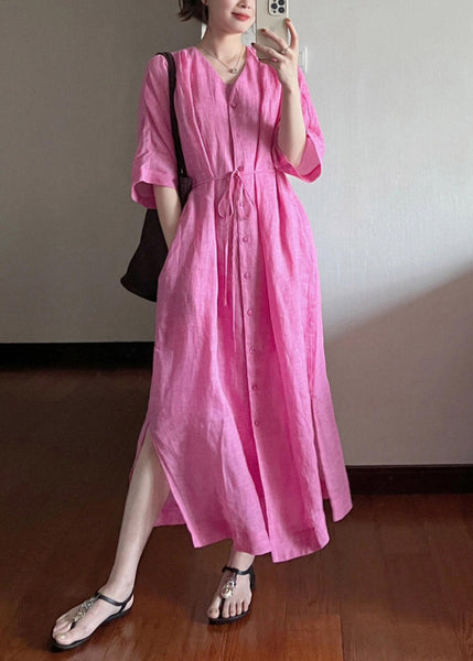 Cotton Dresses Long V Neck Loose Rose Summer Button FashionChic