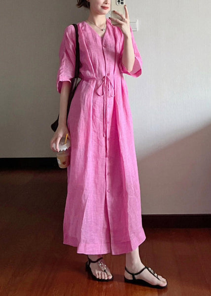 Cotton Dresses Long V Neck Loose Rose Summer Button FashionChic
