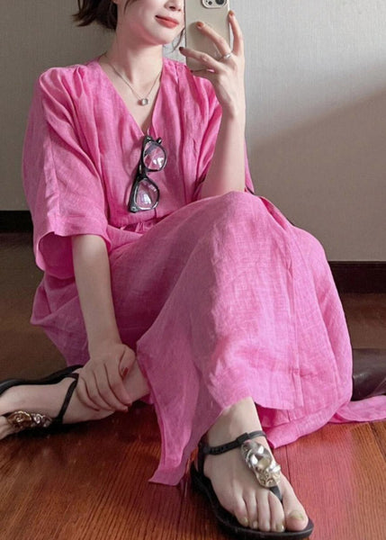 Cotton Dresses Long V Neck Loose Rose Summer Button FashionChic