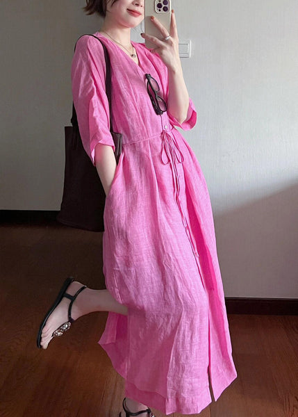 Cotton Dresses Long V Neck Loose Rose Summer Button FashionChic