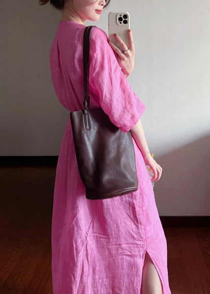 Cotton Dresses Long V Neck Loose Rose Summer Button FashionChic