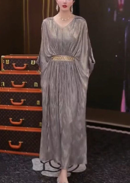 Side Silver Wrinkled Summer Open Long Dresses Loose Patchwork FashionChic