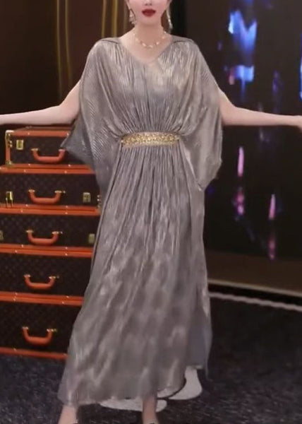 Side Silver Wrinkled Summer Open Long Dresses Loose Patchwork FashionChic