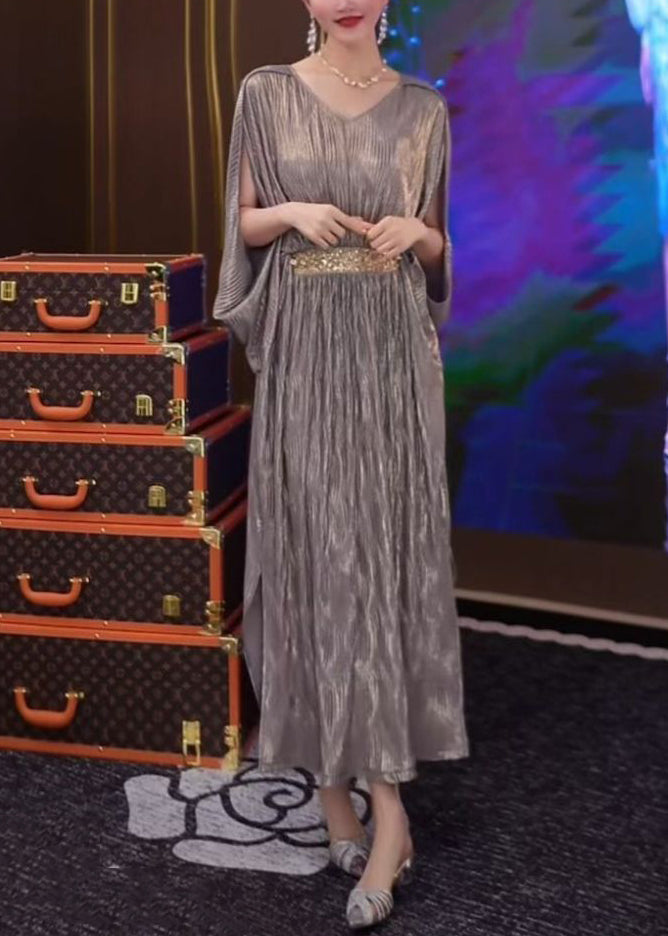 Side Silver Wrinkled Summer Open Long Dresses Loose Patchwork FashionChic
