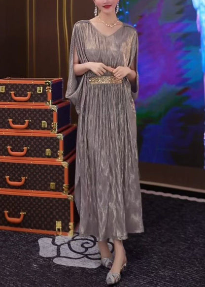 Side Silver Wrinkled Summer Open Long Dresses Loose Patchwork FashionChic