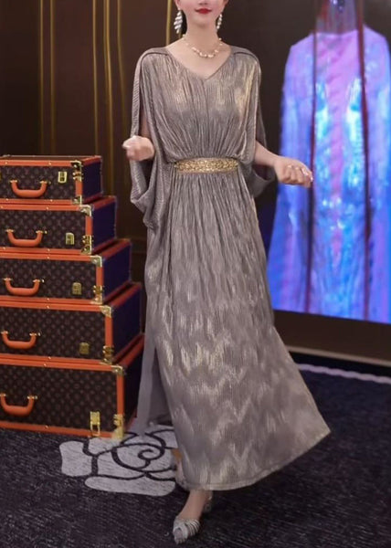 Side Silver Wrinkled Summer Open Long Dresses Loose Patchwork FashionChic