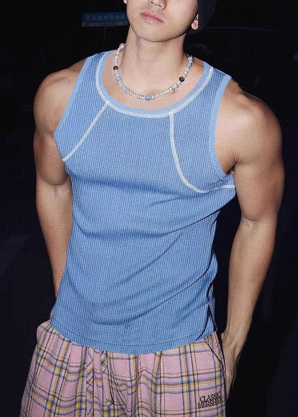 Blue Sleeveless Loose O Cotton Men Neck Patchwork Tank Solid Sky FashionChic