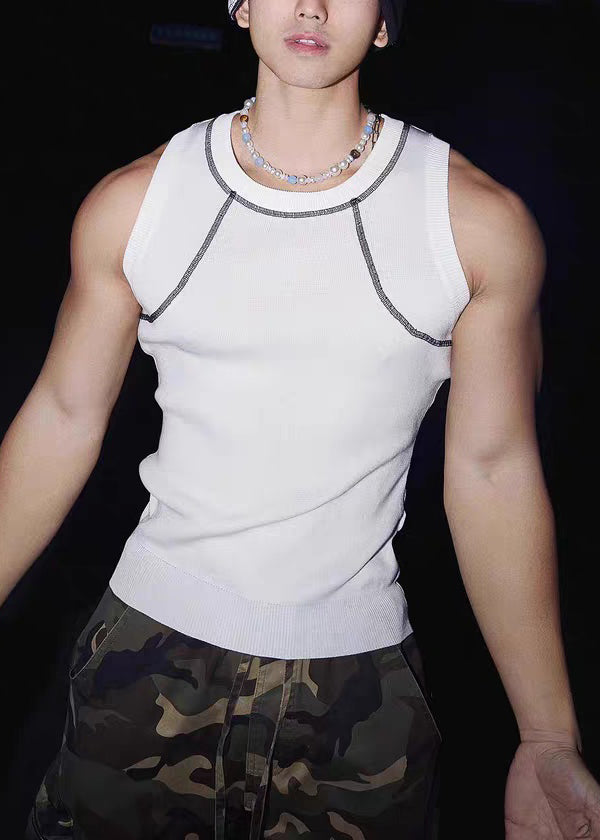 Blue Sleeveless Loose O Cotton Men Neck Patchwork Tank Solid Sky FashionChic