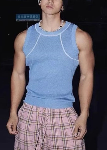 Blue Sleeveless Loose O Cotton Men Neck Patchwork Tank Solid Sky FashionChic