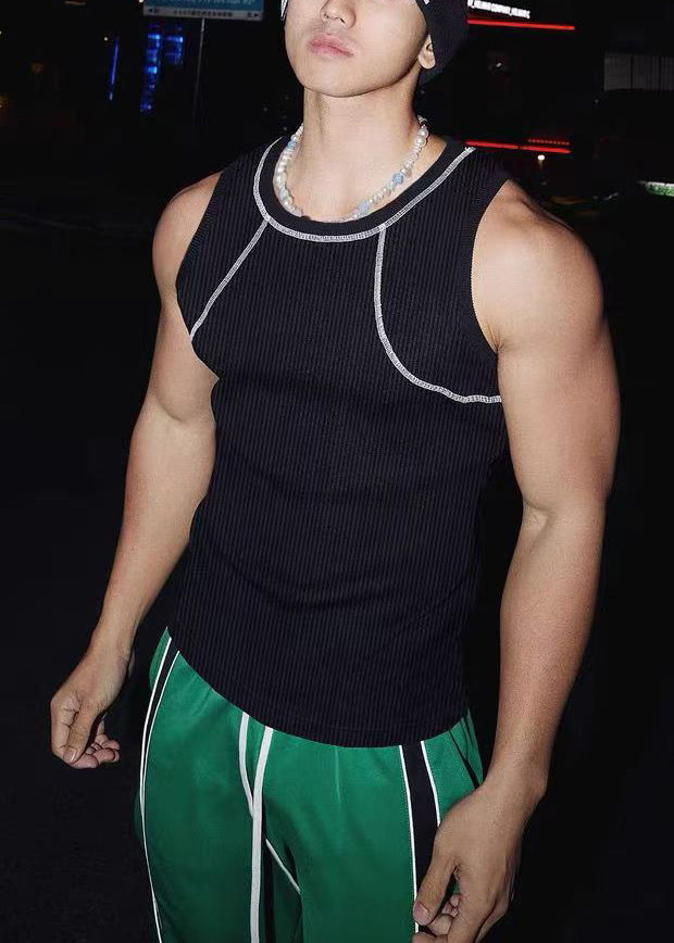 Blue Sleeveless Loose O Cotton Men Neck Patchwork Tank Solid Sky FashionChic