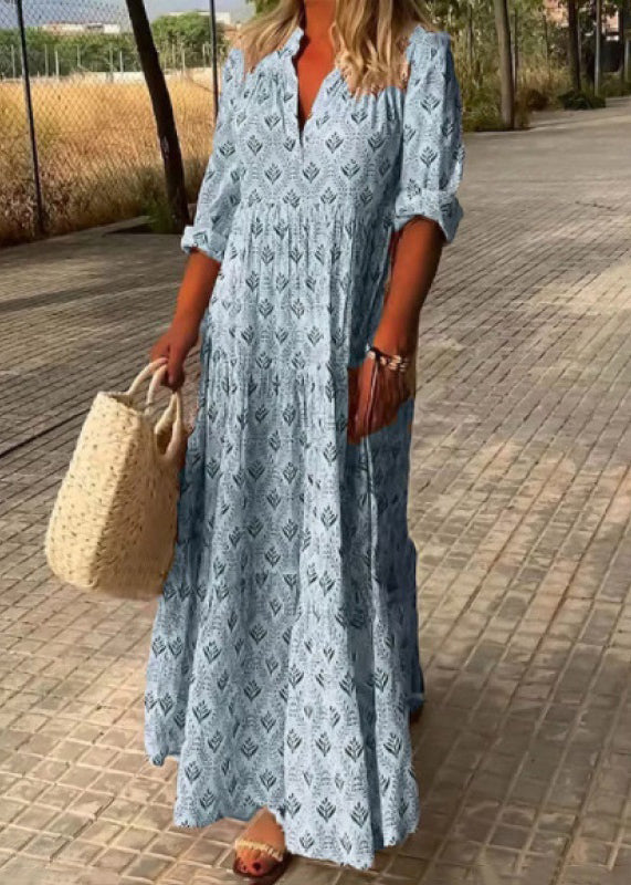 Loose Sky Blue V Neck Print Maxi Dresses Fall QA031 OM-BB241009