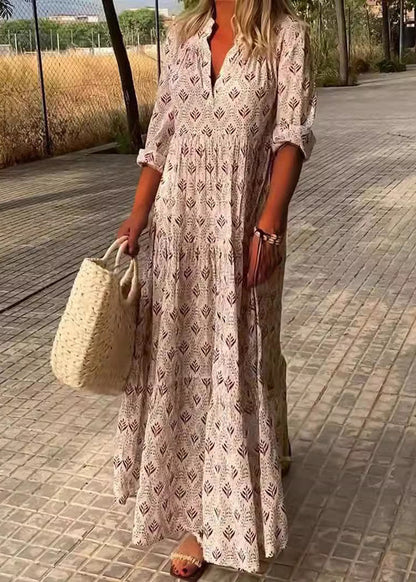 Loose Sky Blue V Neck Print Maxi Dresses Fall QA031 OM-BB241009