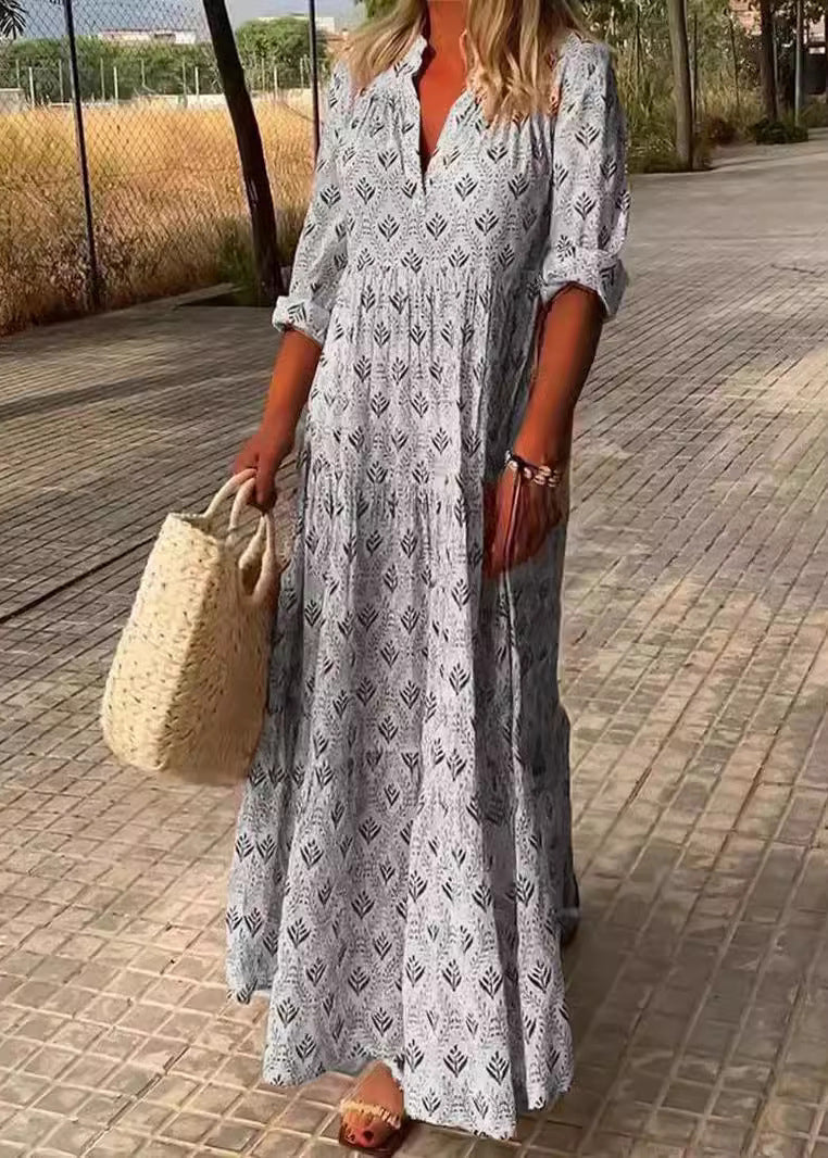 Loose Sky Blue V Neck Print Maxi Dresses Fall QA031 OM-BB241009
