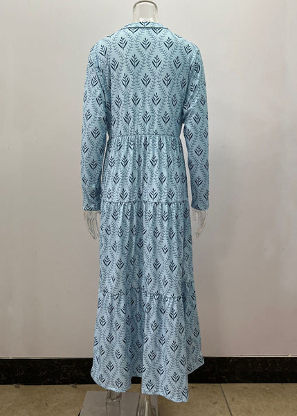 Loose Sky Blue V Neck Print Maxi Dresses Fall QA031 OM-BB241009