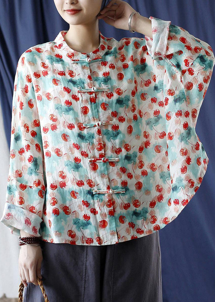 Loose Stand Collar Print Button Linen Blouse Long Sleeve VV053 HS-LTP240627