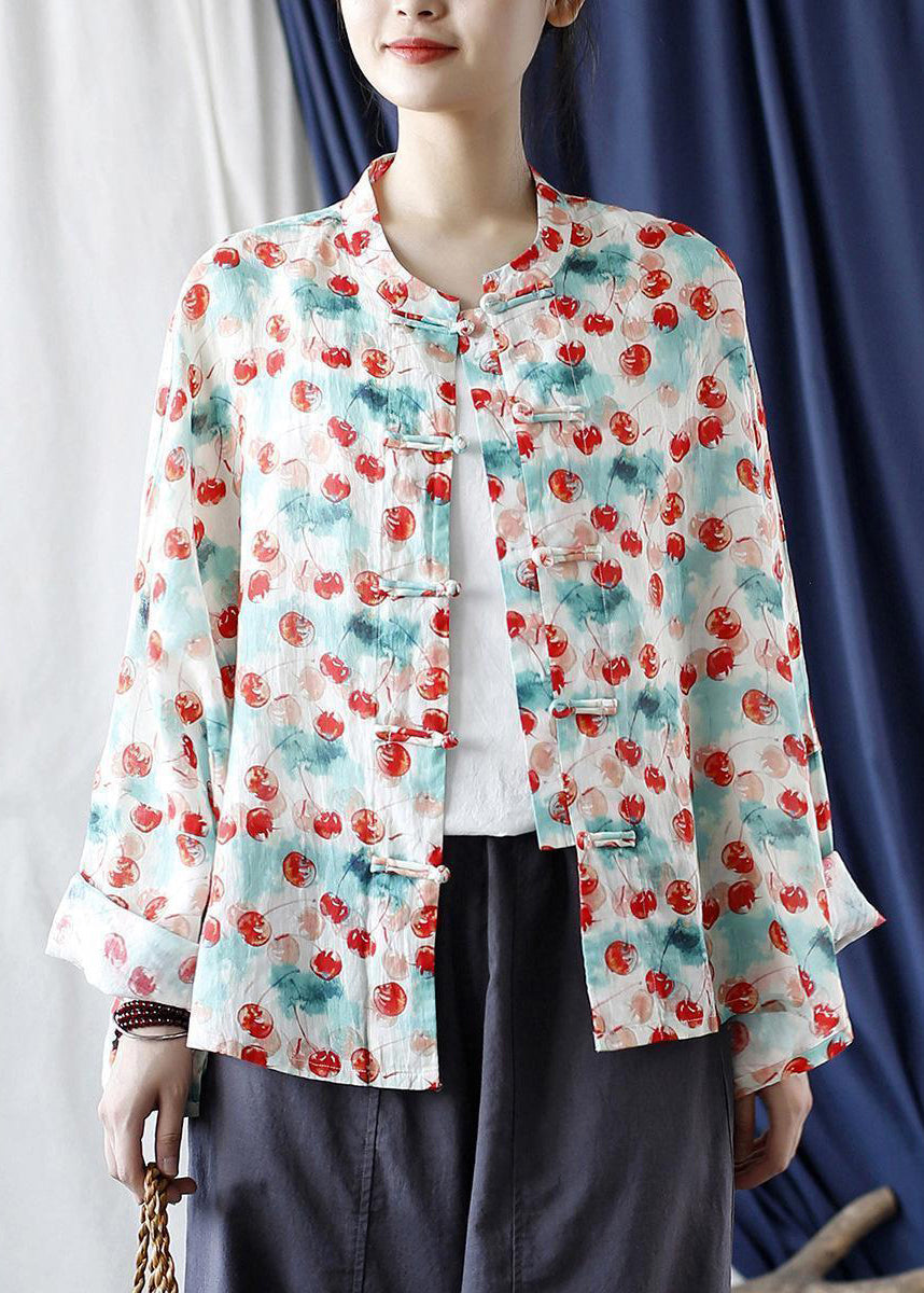 Loose Stand Collar Print Button Linen Blouse Long Sleeve VV053 HS-LTP240627