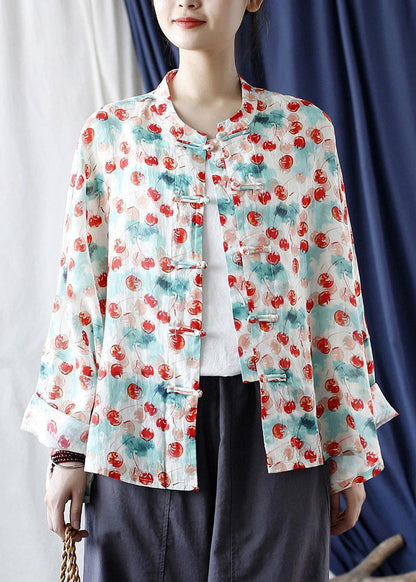 Loose Stand Collar Print Button Linen Blouse Long Sleeve VV053 HS-LTP240627