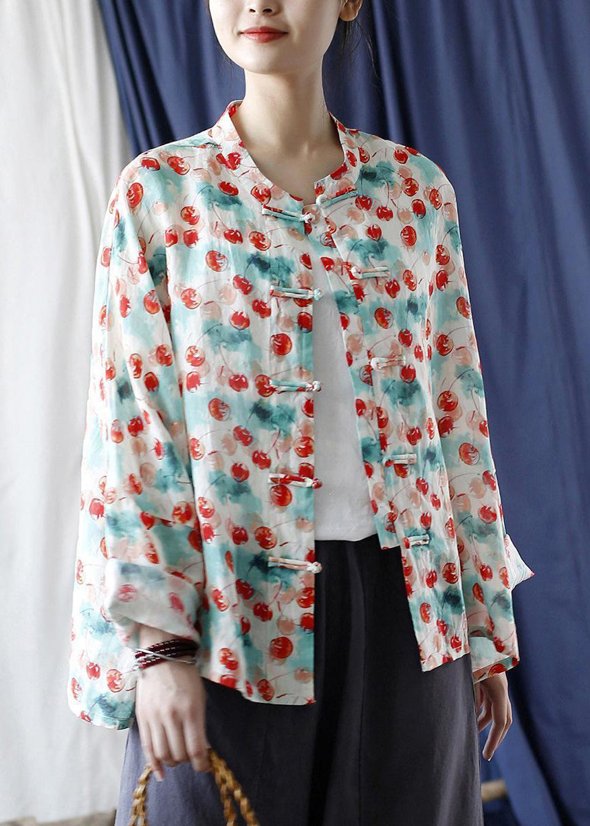 Loose Stand Collar Print Button Linen Blouse Long Sleeve VV053 HS-LTP240627