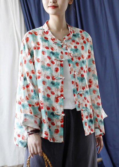Loose Stand Collar Print Button Linen Blouse Long Sleeve VV053 HS-LTP240627