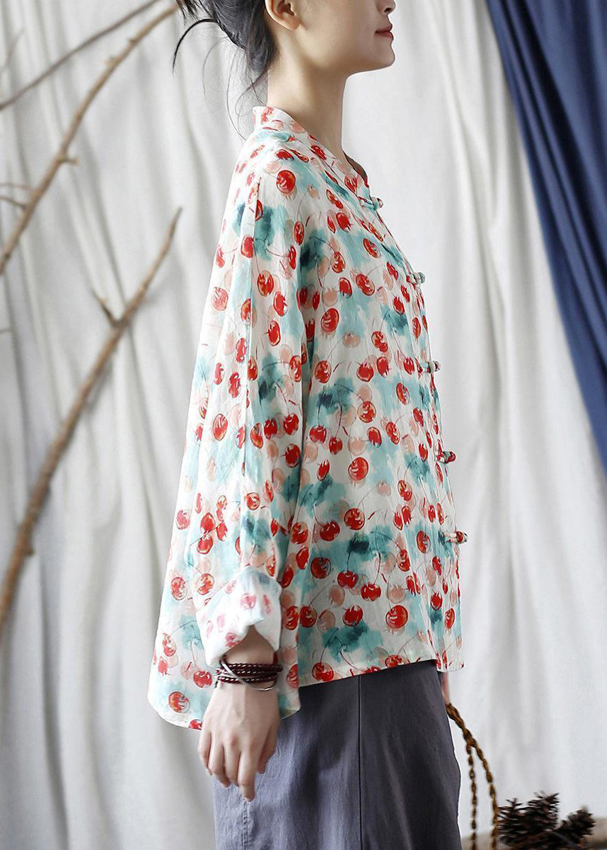 Loose Stand Collar Print Button Linen Blouse Long Sleeve VV053 HS-LTP240627