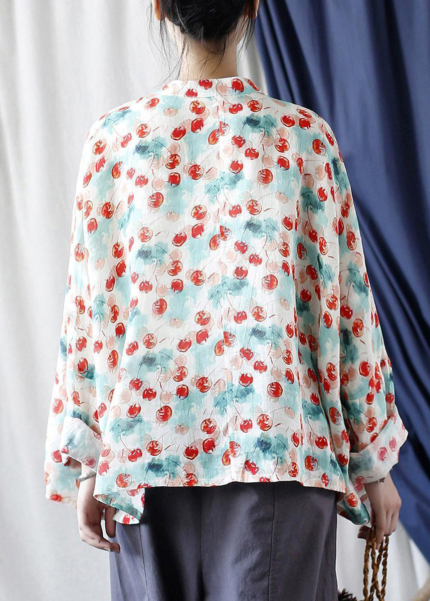 Loose Stand Collar Print Button Linen Blouse Long Sleeve VV053 HS-LTP240627