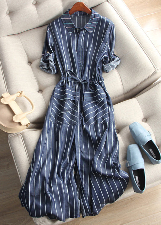 Loose Striped Button Lace Up Denim Blouses Dress Half Sleeve ZL049 SH-LF-SDL240621