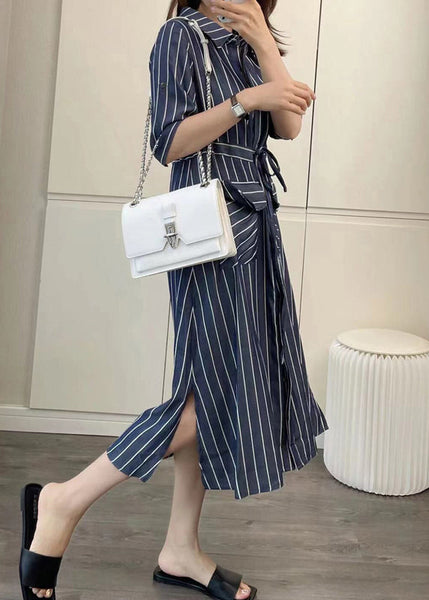 Loose Striped Button Lace Up Denim Blouses Dress Half Sleeve ZL049 SH-LF-SDL240621