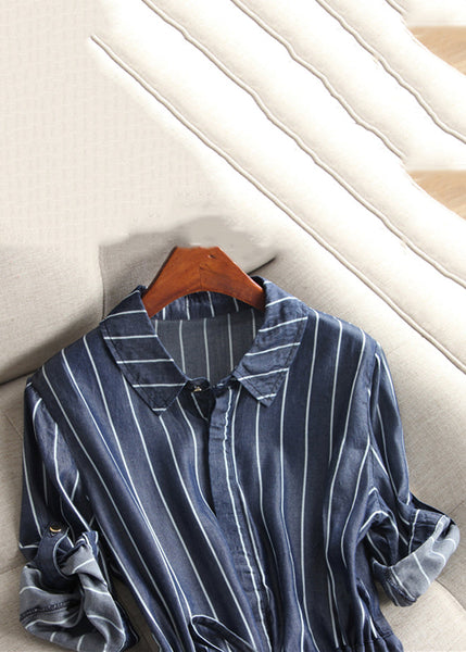 Loose Striped Button Lace Up Denim Blouses Dress Half Sleeve ZL049 SH-LF-SDL240621