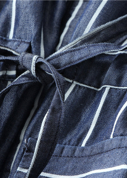 Loose Striped Button Lace Up Denim Blouses Dress Half Sleeve ZL049 SH-LF-SDL240621