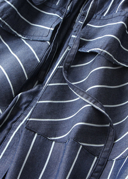 Loose Striped Button Lace Up Denim Blouses Dress Half Sleeve ZL049 SH-LF-SDL240621