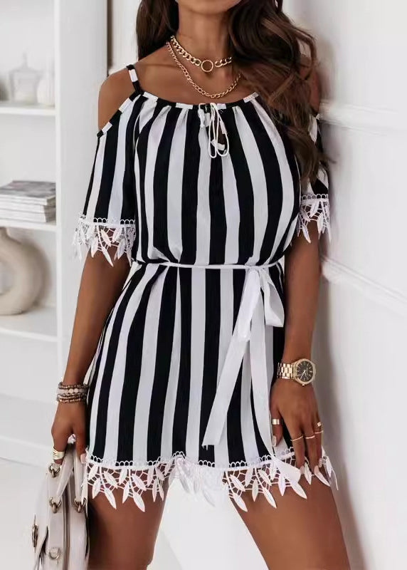 Loose Striped Lace Up Cotton Mid Dress Summer BB043 Hawaii-SDM240622