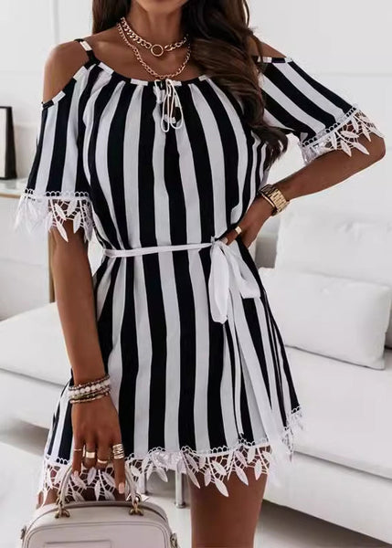 Loose Striped Lace Up Cotton Mid Dress Summer BB043 Hawaii-SDM240622