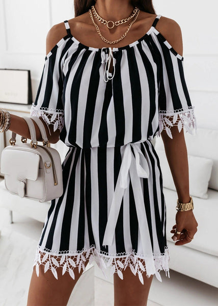 Loose Striped Lace Up Cotton Mid Dress Summer BB043 Hawaii-SDM240622