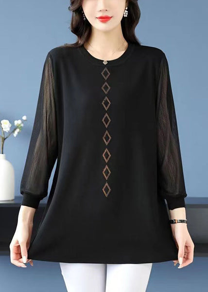 Loose Striped O Neck Zircon Tulle Patchwork T Shirt Spring TB025