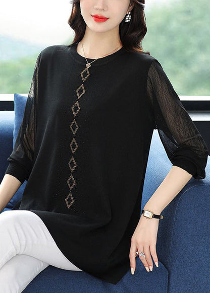 Loose Striped O Neck Zircon Tulle Patchwork T Shirt Spring TB025